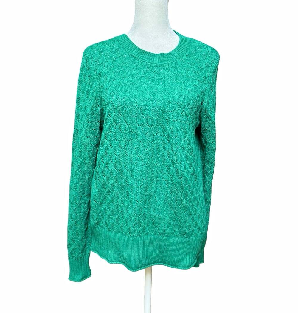 LOFT Green Cable-Knit Crewneck Ribbed Trim Pullover Sweater Womens M